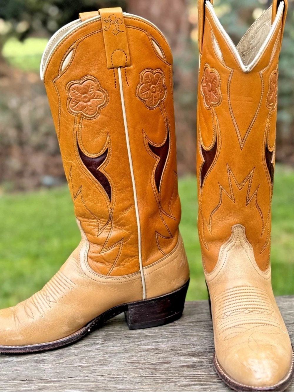 1970s • Ralph Lauren Western • Inlay Boots • Tan Leather Western Cowboy Boots